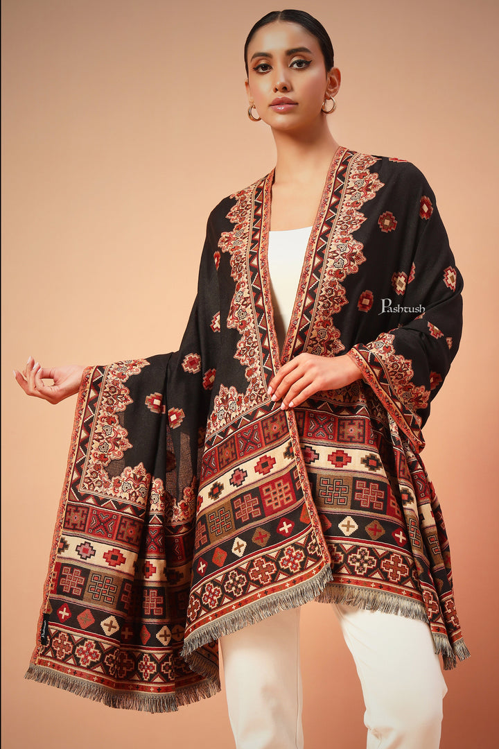 Pashtush India Womens Shawls Pashtush Womens Aztec Jamawar Shawl, Faux Pashmina Black