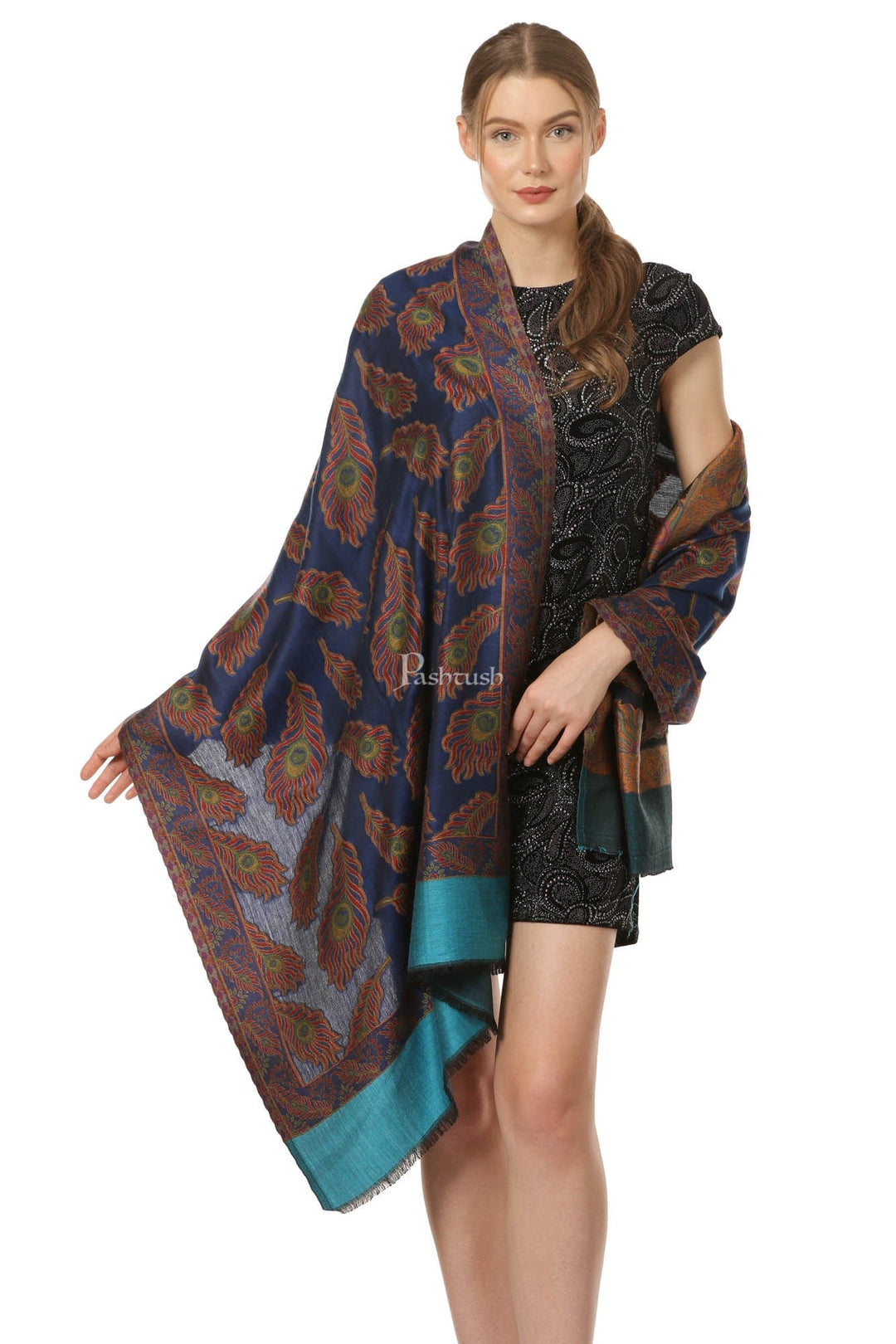 Pashtush India Womens Stoles and Scarves Scarf Pashtush Womens Bamboo Scarf, Woven Peacock Design, Soft And Natural