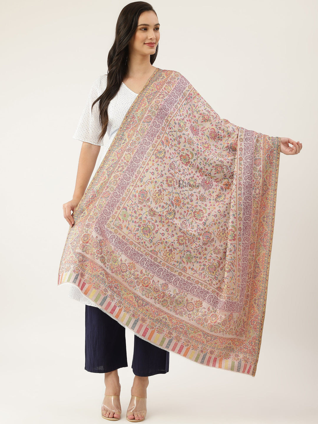 Pashtush India Womens Shawls Pashtush womens bamboo shawl, Floral Ethnic Woven Design, Ivory