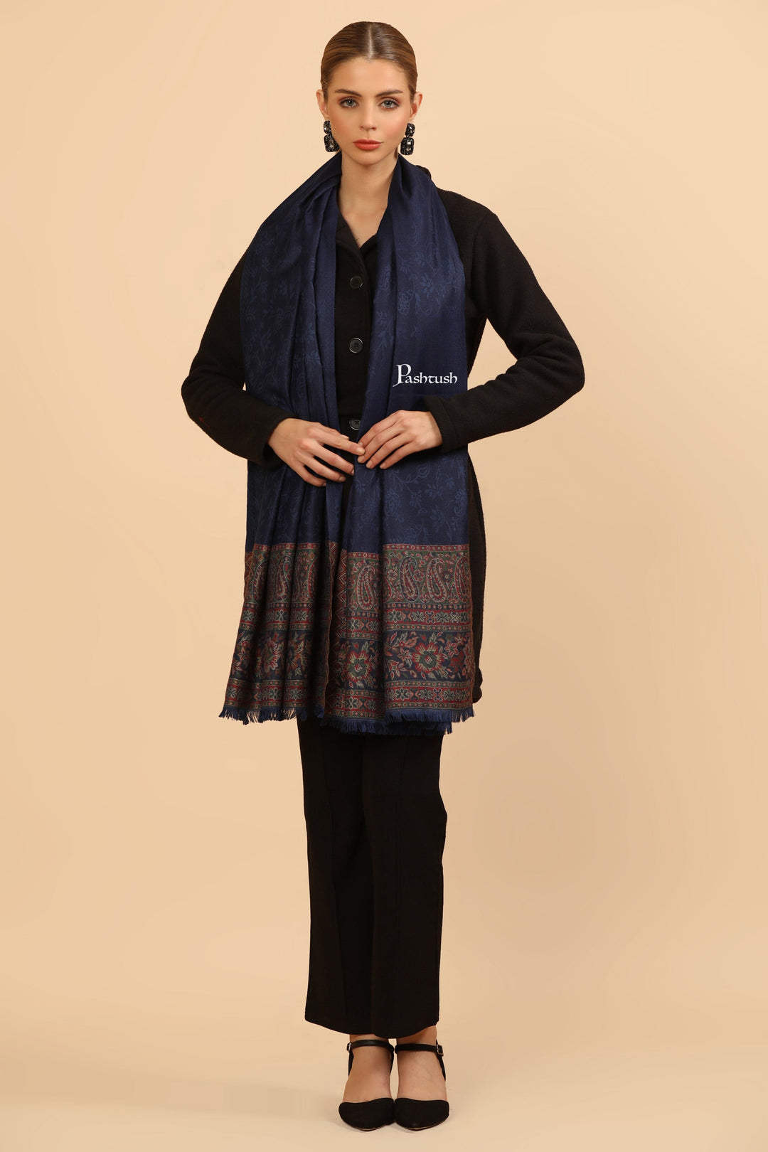 Pashtush India Womens Stoles and Scarves Scarf Pashtush Womens Bamboo Stole, Ambi Palla Design, Blue