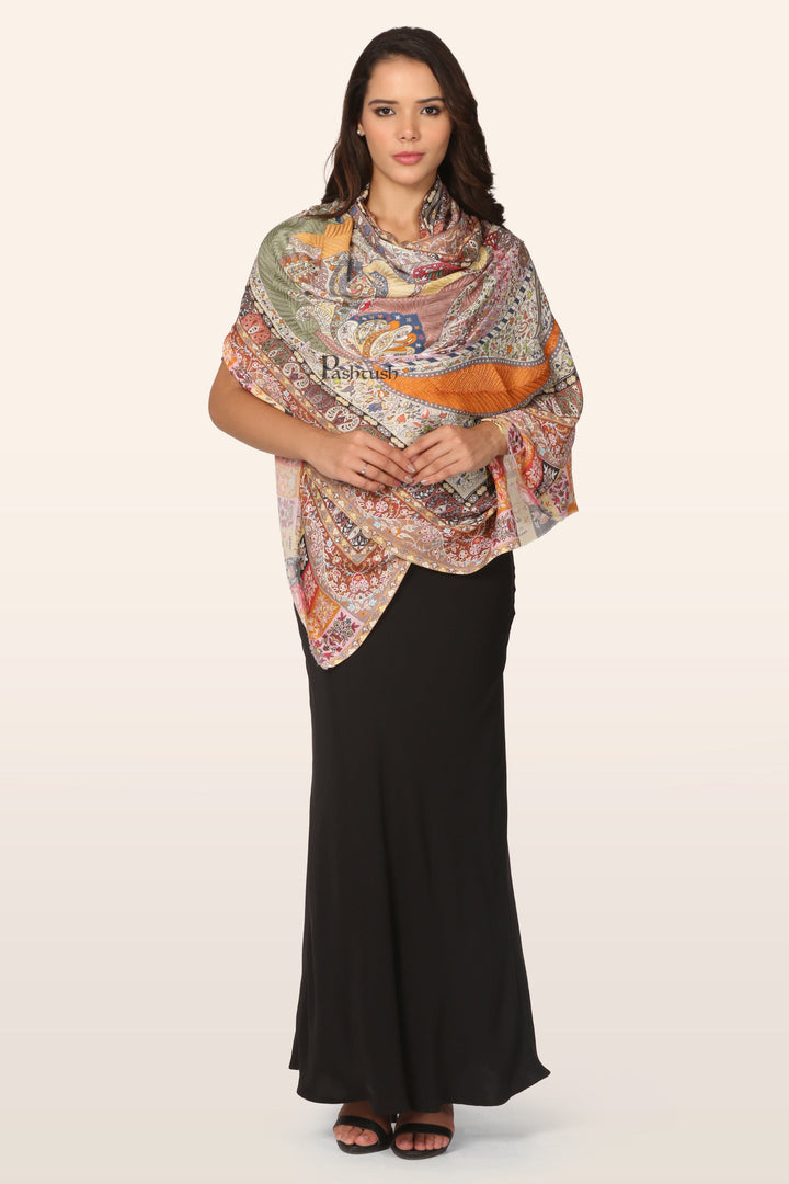 Pashtush India womens scarf and Stoles Pashtush Womens Bamboo Stole, Nalki Embroidery Pasiley Weave Design, Multicolour