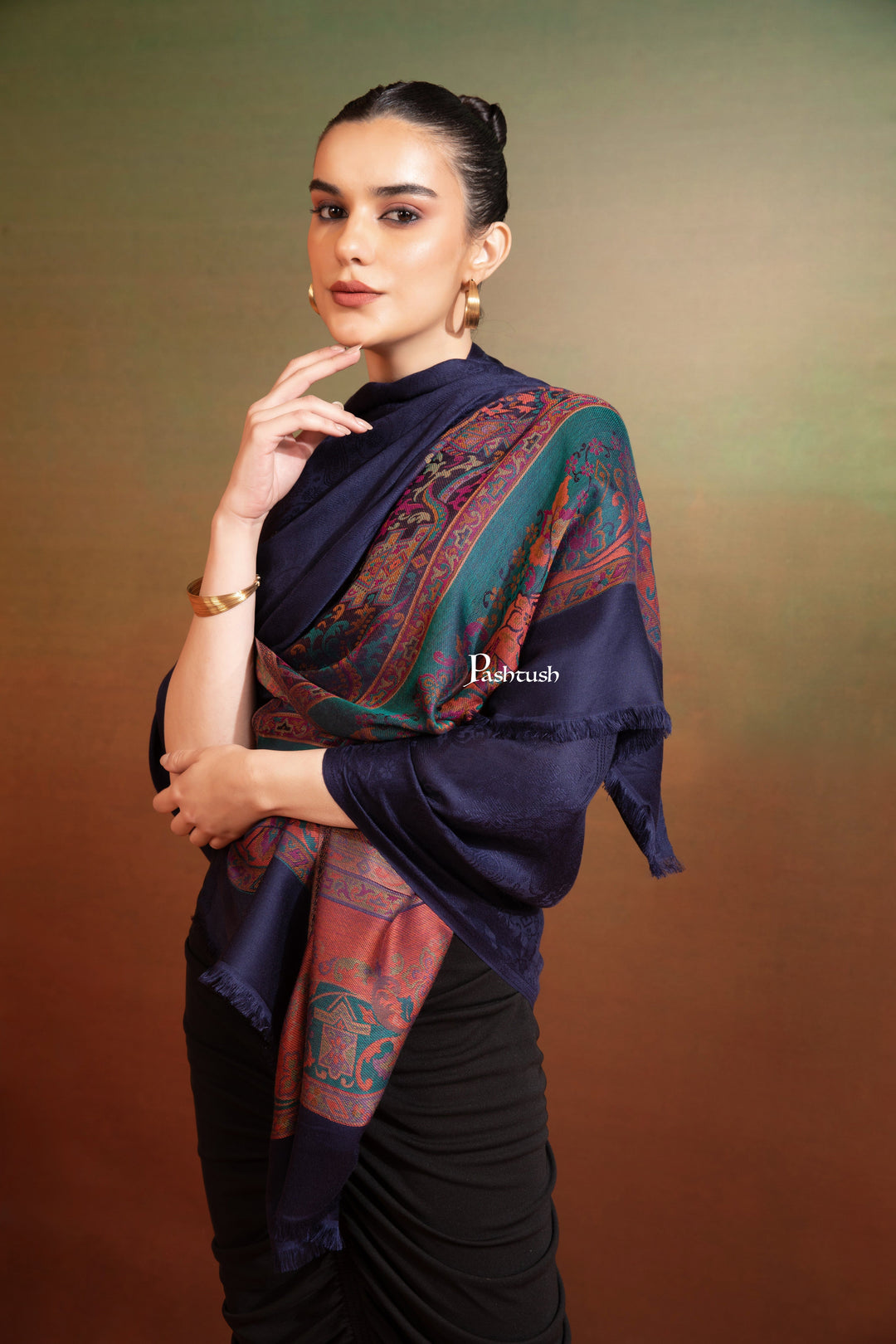 Pashtush India Womens Stoles and Scarves Scarf Pashtush Womens Bamboo Stole, Paisely Weave Design, Navy Blue