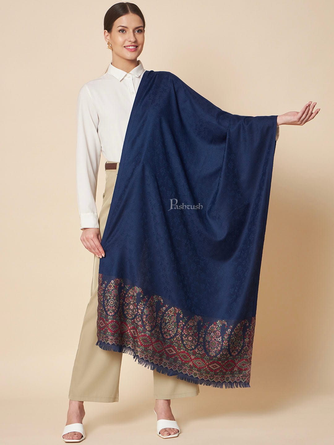 Pashtush India Womens Stoles and Scarves Scarf Pashtush Womens Bamboo Stole, Paisley Palla Design, Deep Blue