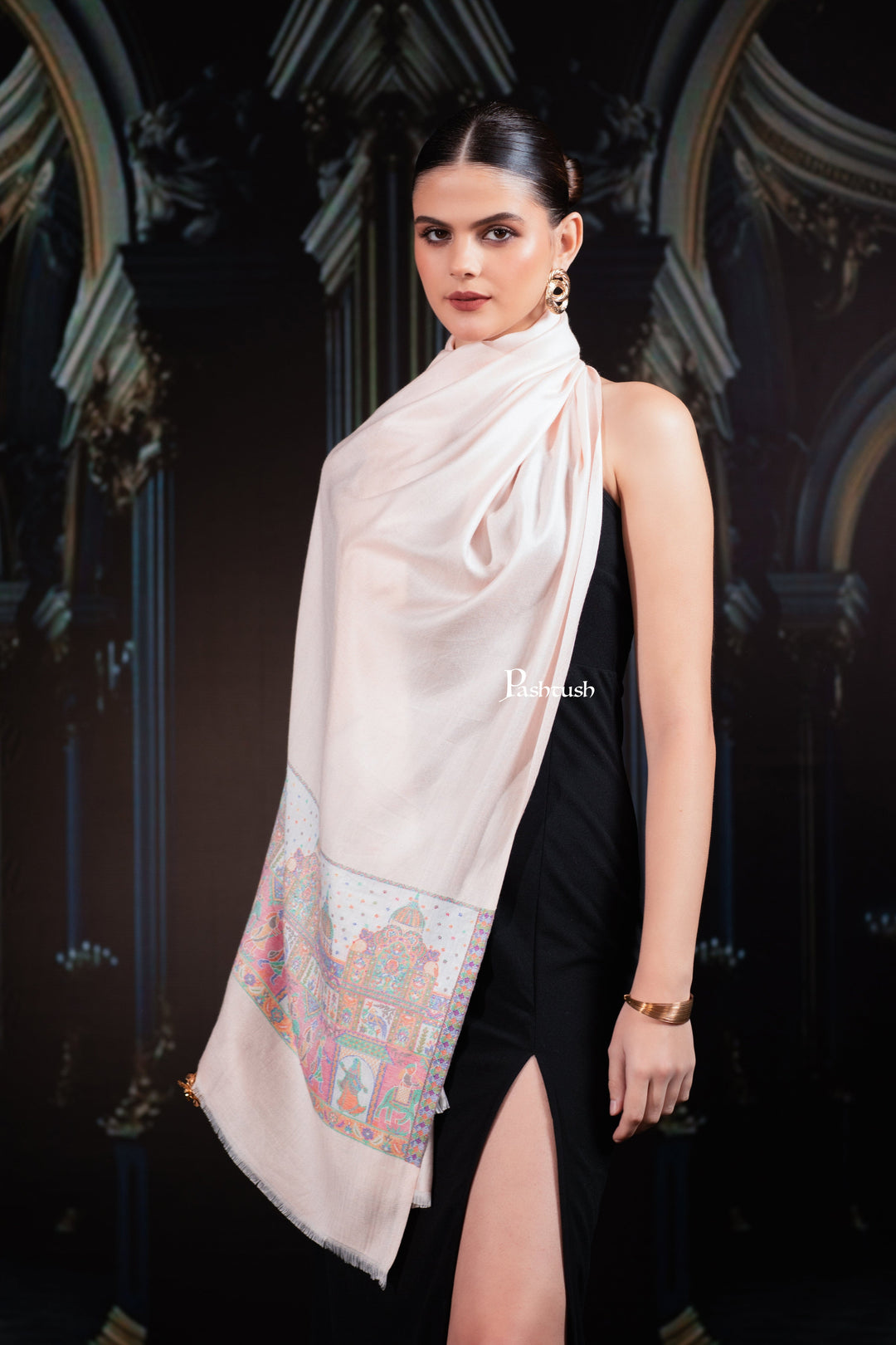 Pashtush India womens scarf and Stoles Pashtush Womens Bamboo Stole, Royal Darbar Palla Design, Peach