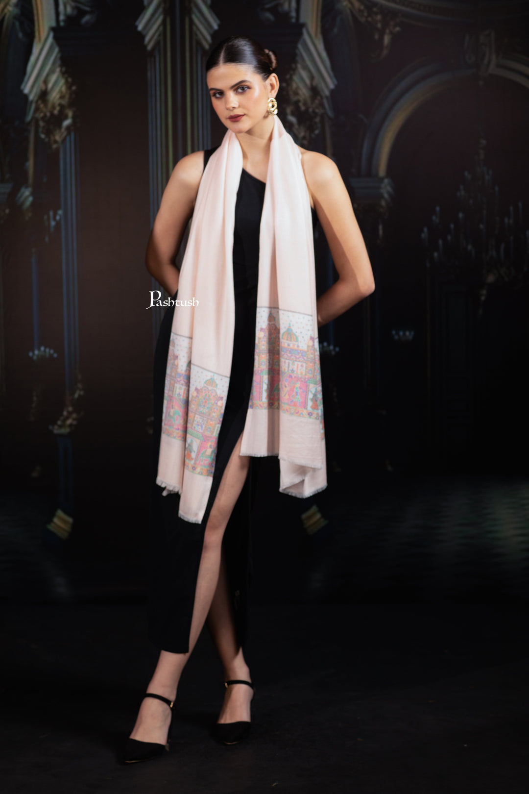 Pashtush India womens scarf and Stoles Pashtush Womens Bamboo Stole, Royal Darbar Palla Design, Peach