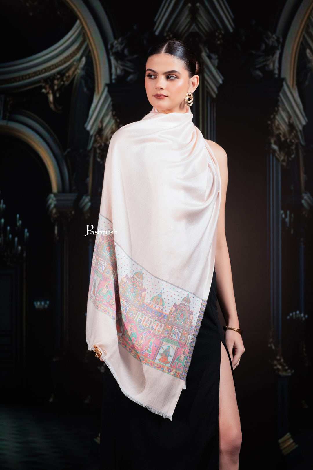 Pashtush India womens scarf and Stoles Pashtush Womens Bamboo Stole, Royal Darbar Palla Design, Peach