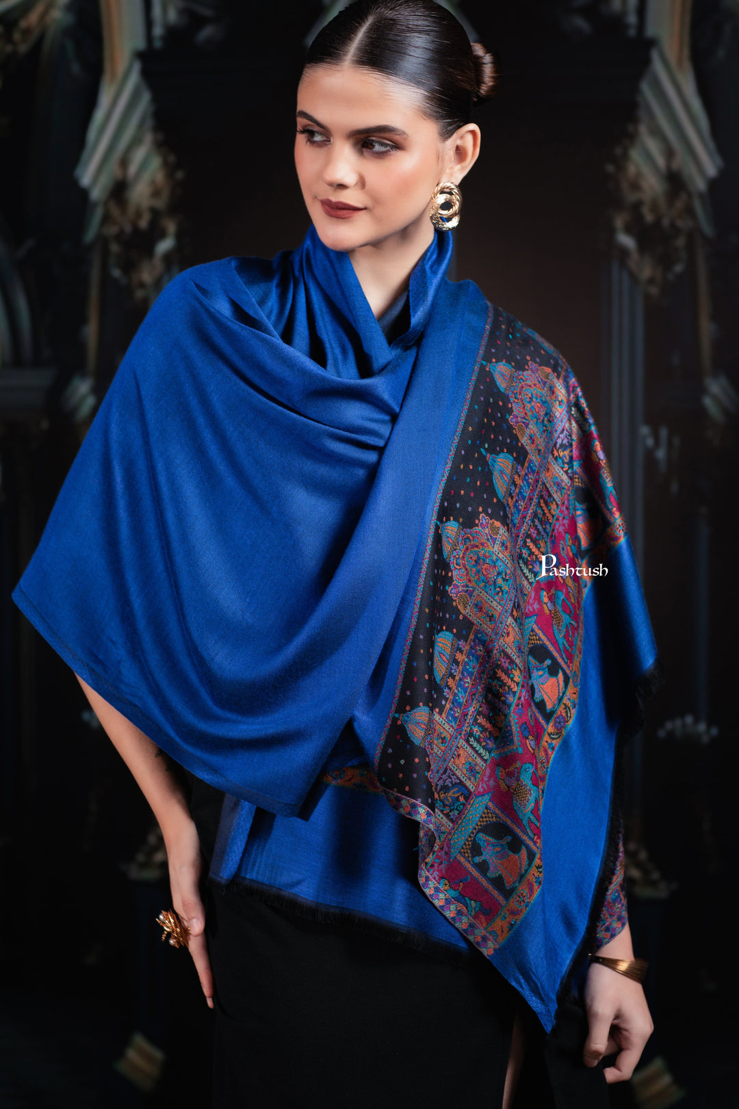 Pashtush India womens scarf and Stoles Pashtush Womens Bamboo Stole, Royal Darbar Palla, Lapiz Blue