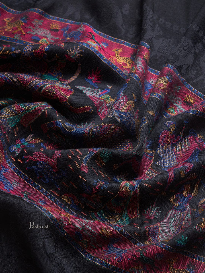 Pashtush India Womens Stoles and Scarves Scarf Pashtush Womens Bamboo Stole, Royal Elephants Palla Design, Black