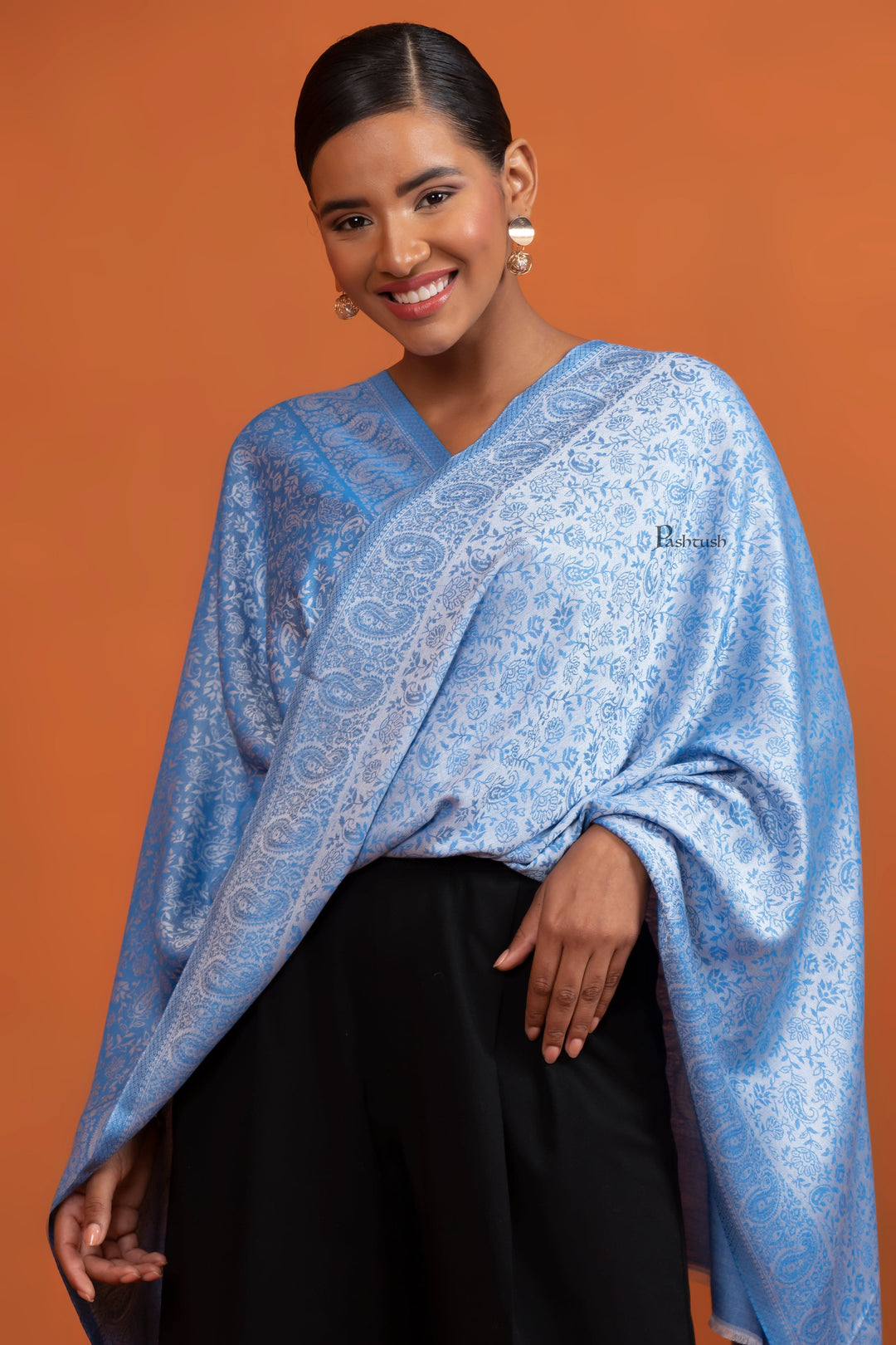 Pashtush India Womens Stoles and Scarves Scarf Pashtush Womens Bamboo Stole, Self Paisley Weave Reversible, Blue