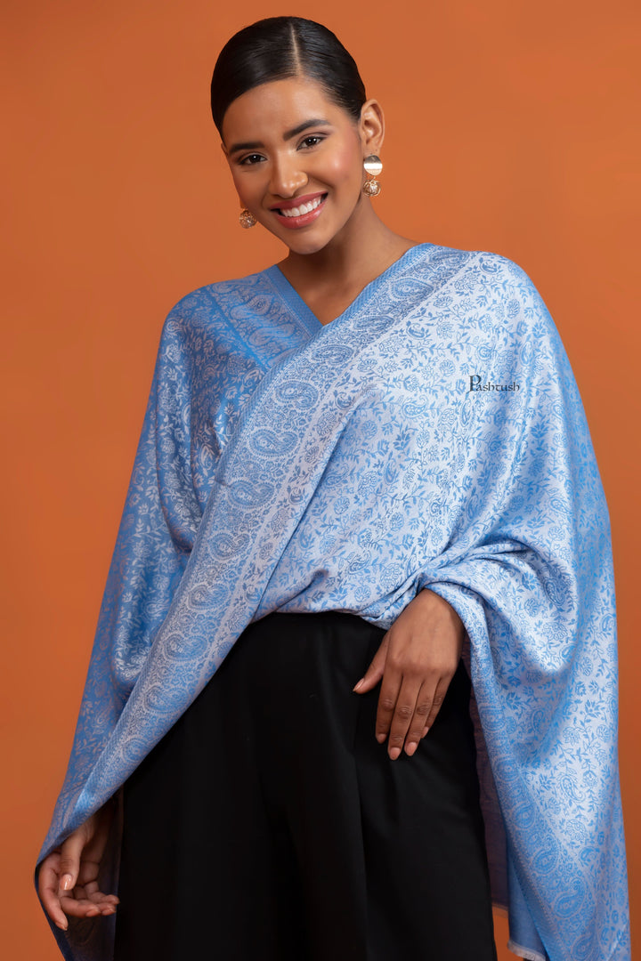 Pashtush India Womens Stoles and Scarves Scarf Pashtush Womens Bamboo Stole, Self Paisley Weave Reversible, Blue