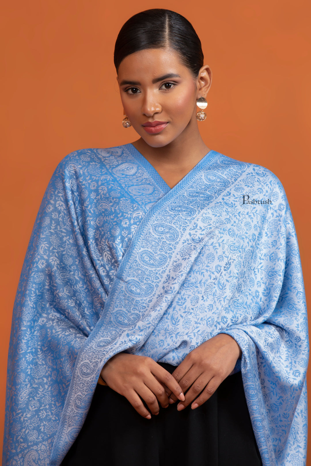Pashtush India Womens Stoles and Scarves Scarf Pashtush Womens Bamboo Stole, Self Paisley Weave Reversible, Blue