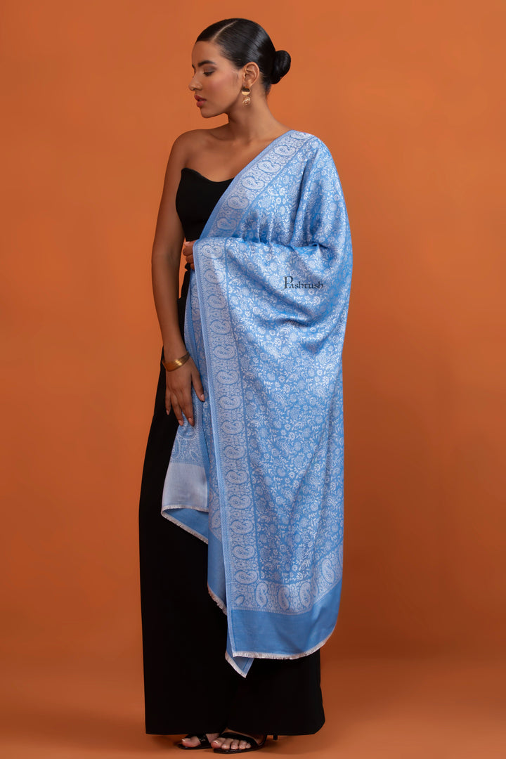 Pashtush India Womens Stoles and Scarves Scarf Pashtush Womens Bamboo Stole, Self Paisley Weave Reversible, Blue