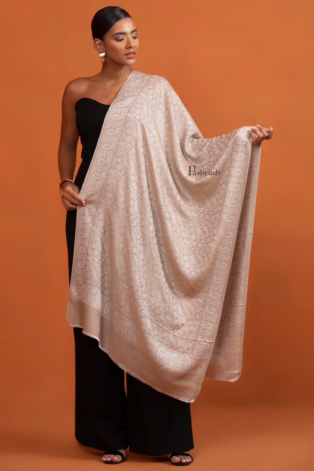 Pashtush India Womens Stoles and Scarves Scarf Pashtush Womens Bamboo Stole, Self Paisley Weave Reversible, Taupe