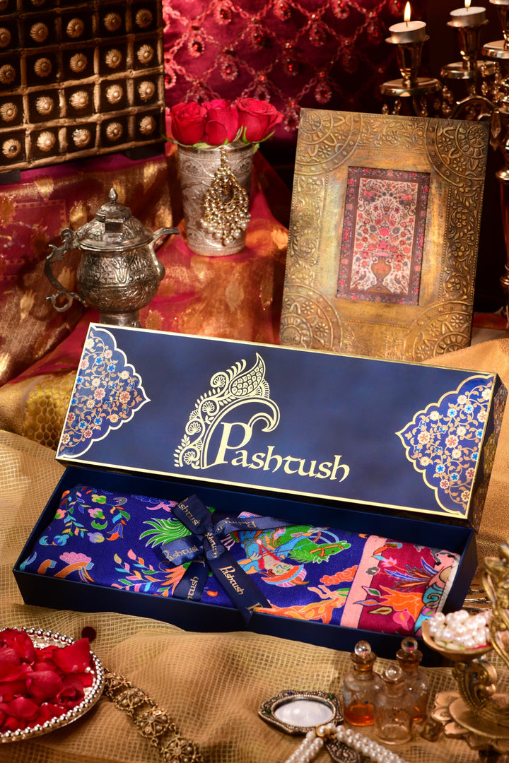 Pashtush India Gift Pack Pashtush womens Bamboo Stole, Shikardar design, Blue