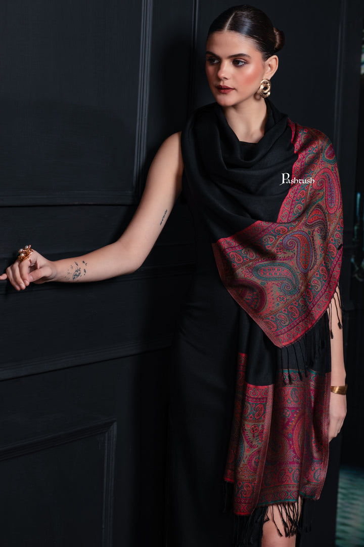 Pashtush India womens scarf and Stoles Pashtush Womens Bamboo Stole, Silky Soft, Woven Paisley Design, Black