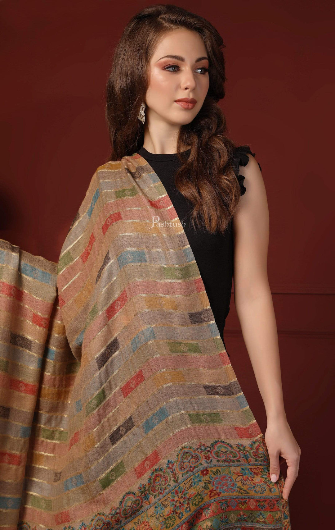 Pashtush India 100x200 Pashtush Womens Beige Pure Wool Woven Design Kaani Shawl beige