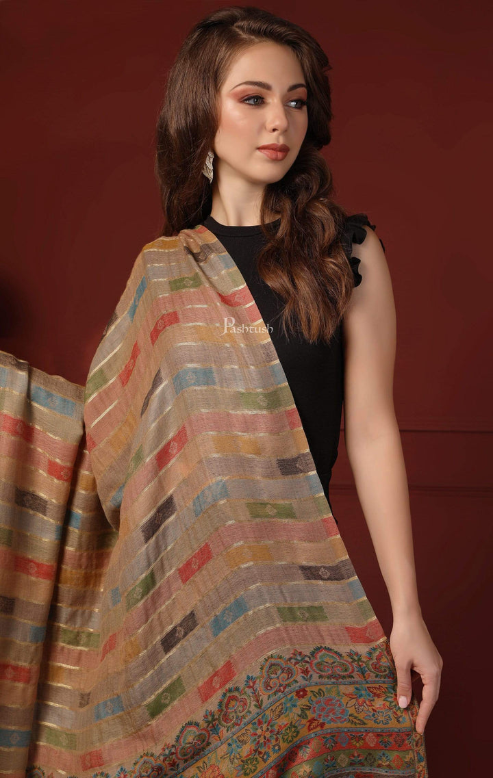 Pashtush India 100x200 Pashtush Womens Beige Pure Wool Woven Design Kaani Shawl beige