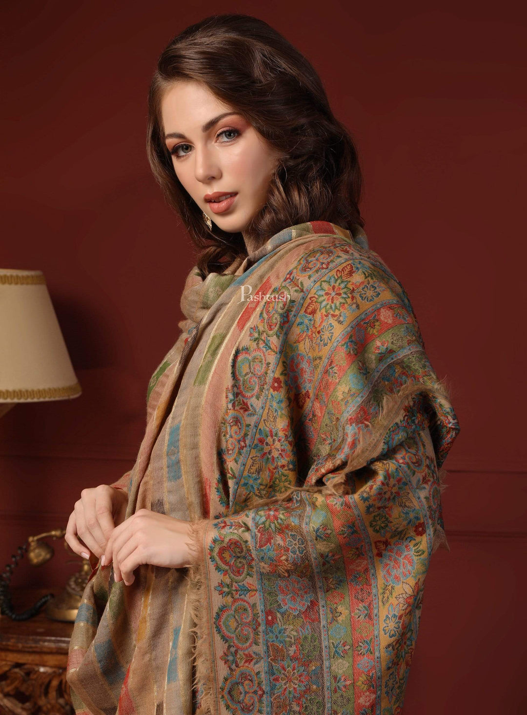 Pashtush India 100x200 Pashtush Womens Beige Pure Wool Woven Design Kaani Shawl beige