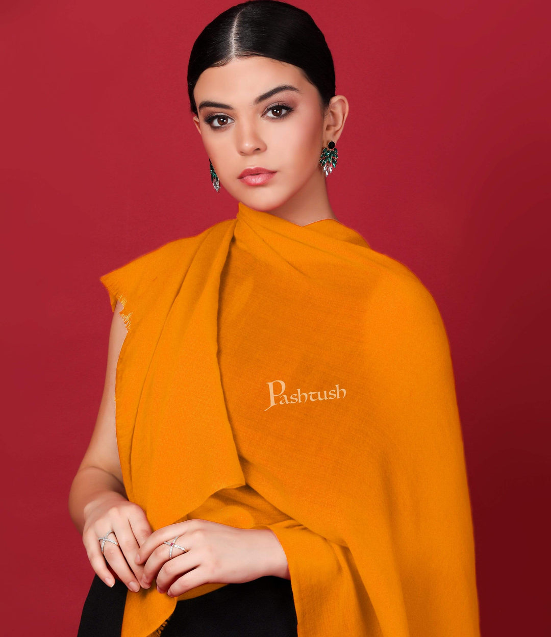 Pashtush India 70x200 Pashtush Womens Cashmere Pashmina Scarf, Diamond Weave, Vibrant Orange