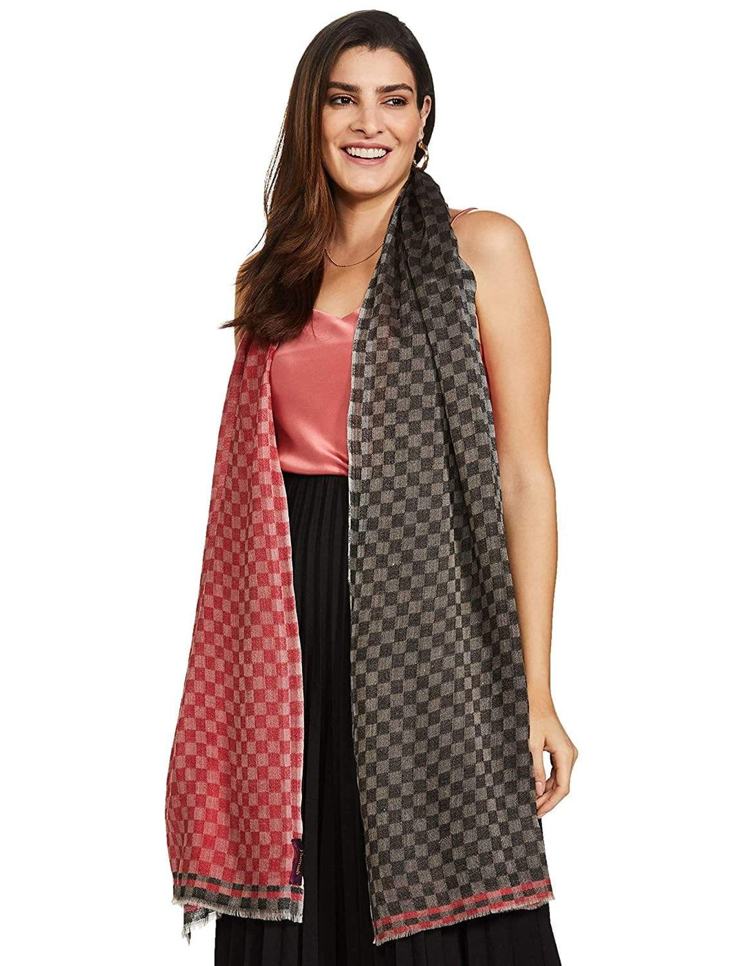 Pashtush India 70x200 Pashtush Womens Cashmere Wool Scarf, Reversible Weave, Twin Checks Scarf