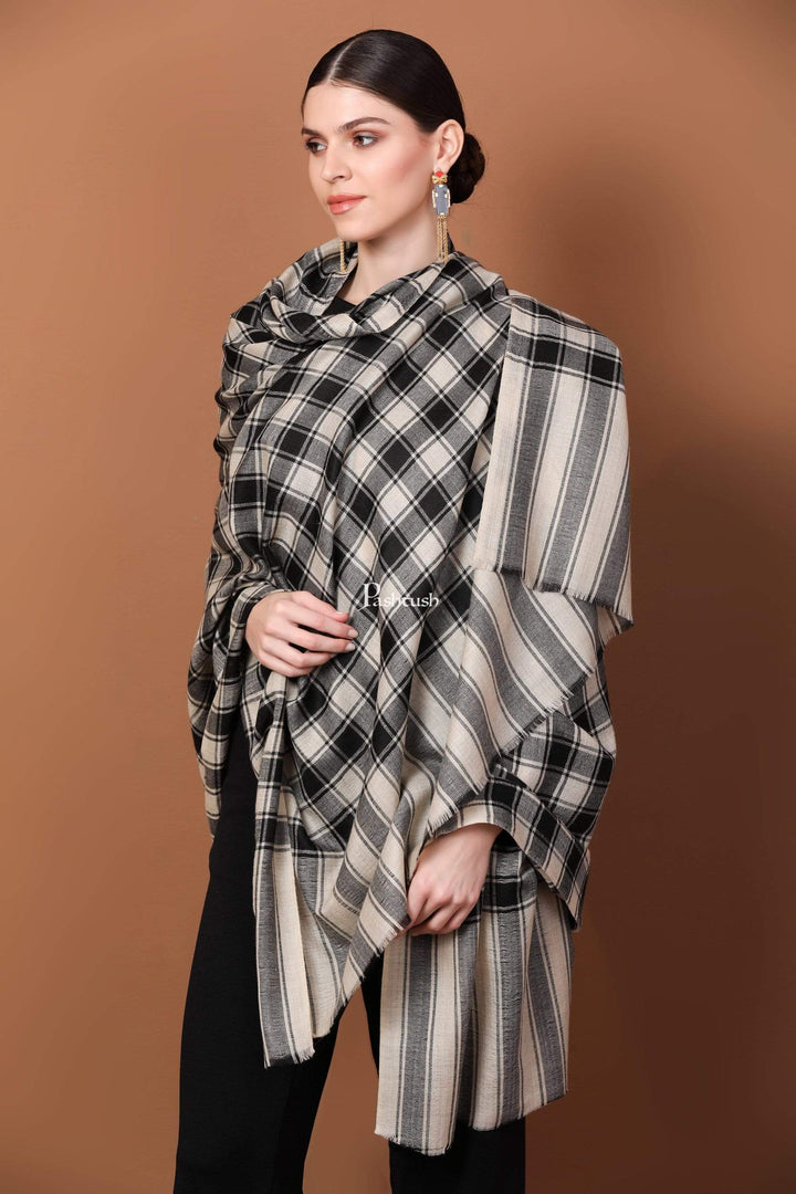 Pashtush Store Shawl Pashtush Womens Check Shawl, Ultra Soft and Warm, Fine Wool, Beige and Black