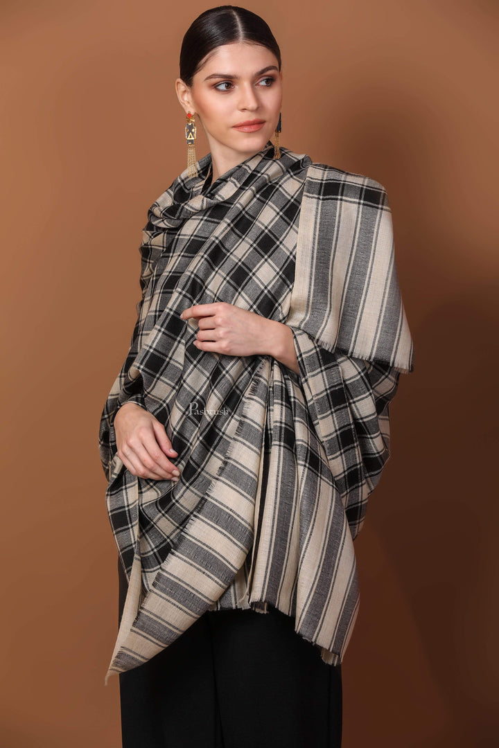 Pashtush India 100x200 Pashtush Womens Check Shawl, Ultra Soft and Warm, Fine Wool, Beige and Black