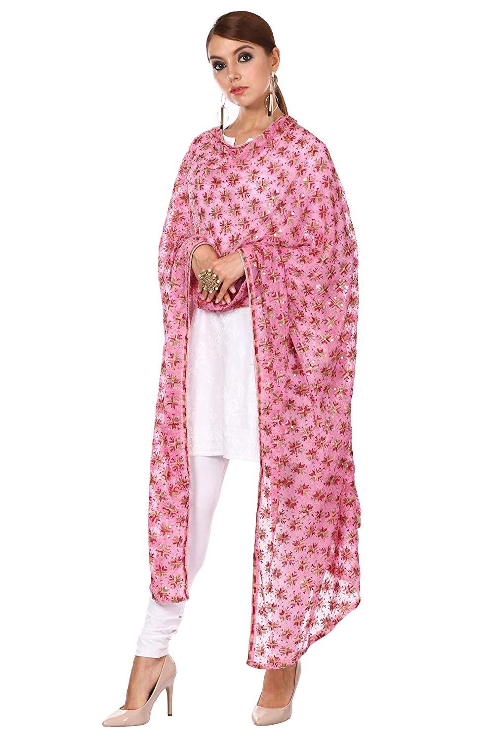 Pashtush Womens Chiffon Dupatta, Light Pink With Multicoloured Embroidery, Light Weight