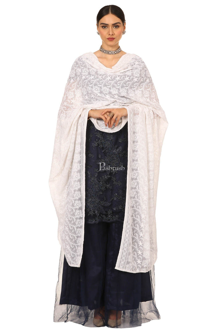 Pashtush India Womens Dupatta Pashtush Womens Chiffon Dupatta With Embrodiery - White