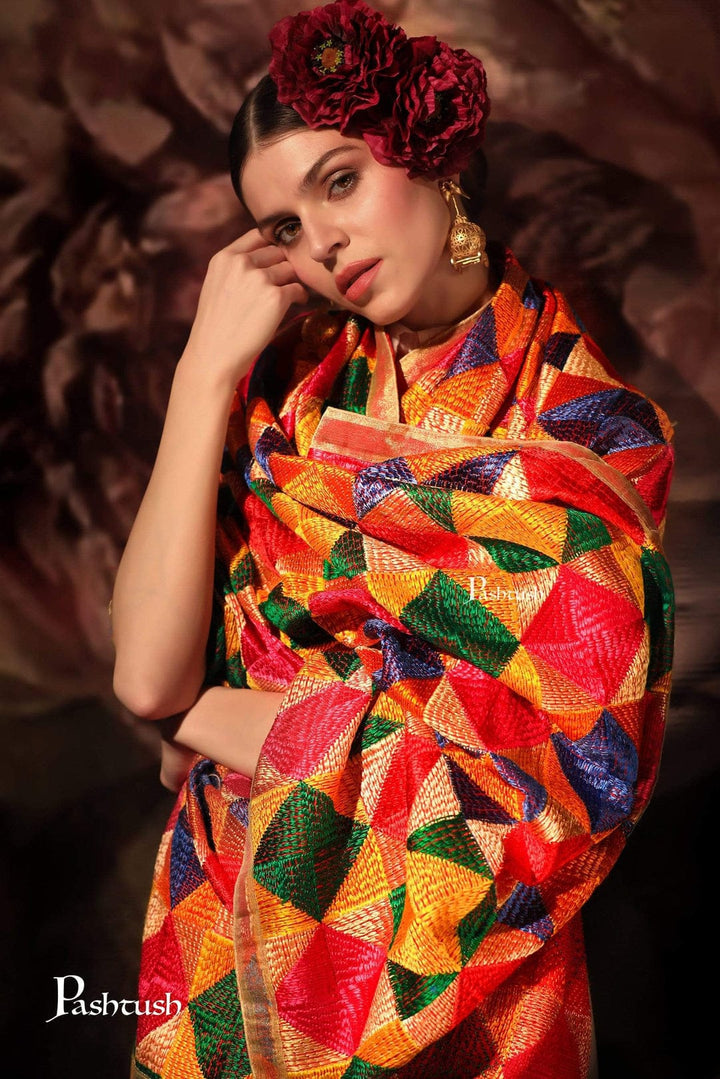 Pashtush India Gift Pack Pashtush Womens Chiffon Dupatta With Multicoloured Embroidery, Phulkari