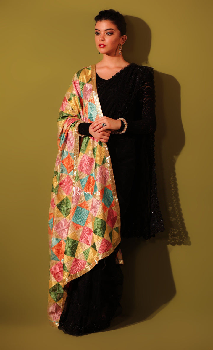 Pashtush India Womens Dupatta Pashtush Womens Chiffon Dupatta With Multicoloured Embroidery, Phulkari
