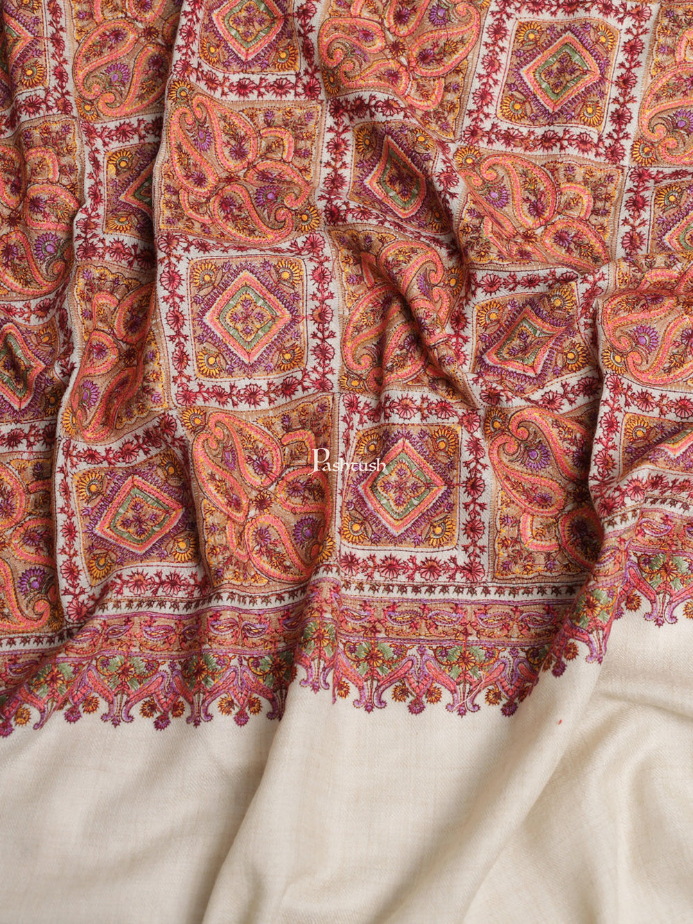Pashtush India Womens Shawls Pashtush Womens Embroidery Shawl, Fine Wool, Intricate Needlework, Beige