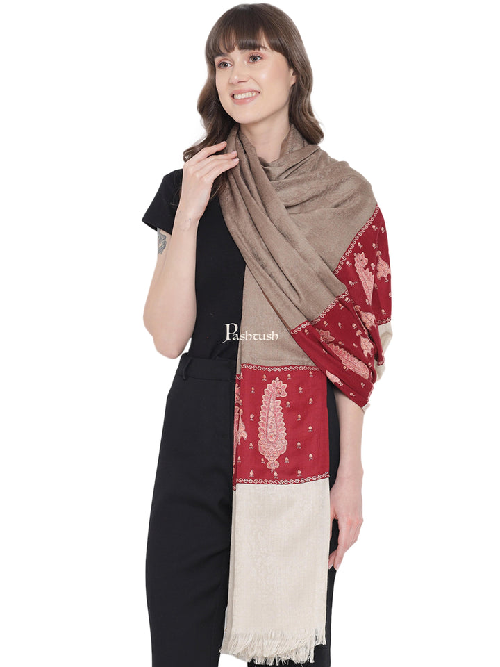 Pashtush India Womens Shawls Pashtush Womens Embroidery Shawl, Fine Wool, Paiseley Stitched Palla, Beige and Maroon