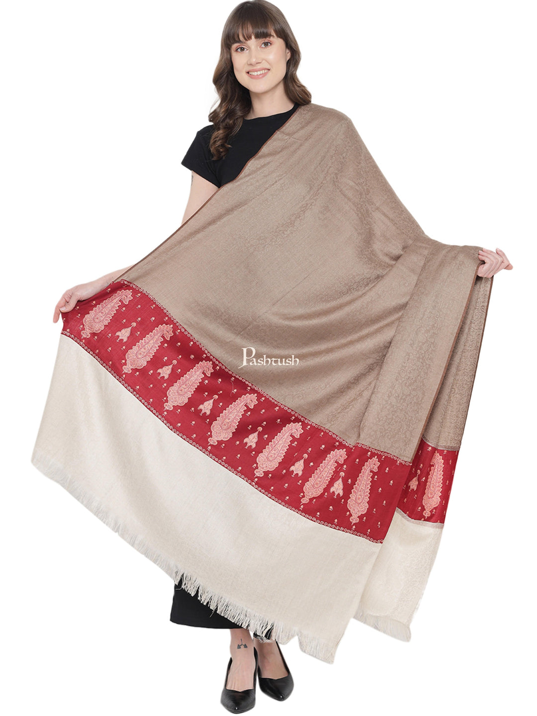 Pashtush India Womens Shawls Pashtush Womens Embroidery Shawl, Fine Wool, Paiseley Stitched Palla, Beige and Maroon