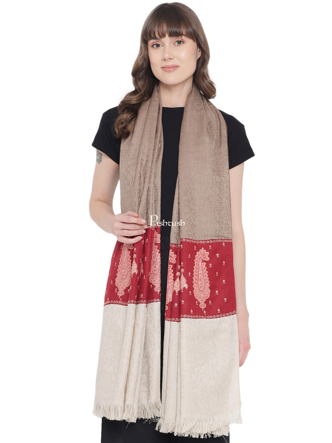 Pashtush India Womens Shawls Pashtush Womens Embroidery Shawl, Fine Wool, Paiseley Stitched Palla, Beige and Maroon