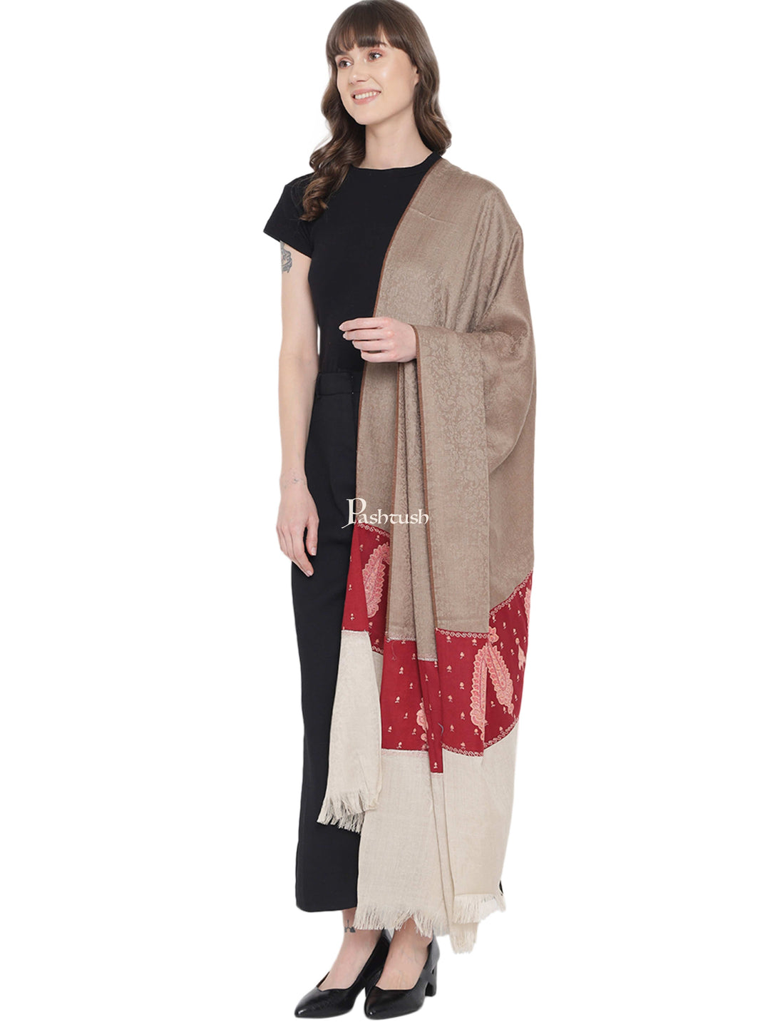 Pashtush India Womens Shawls Pashtush Womens Embroidery Shawl, Fine Wool, Paiseley Stitched Palla, Beige and Maroon