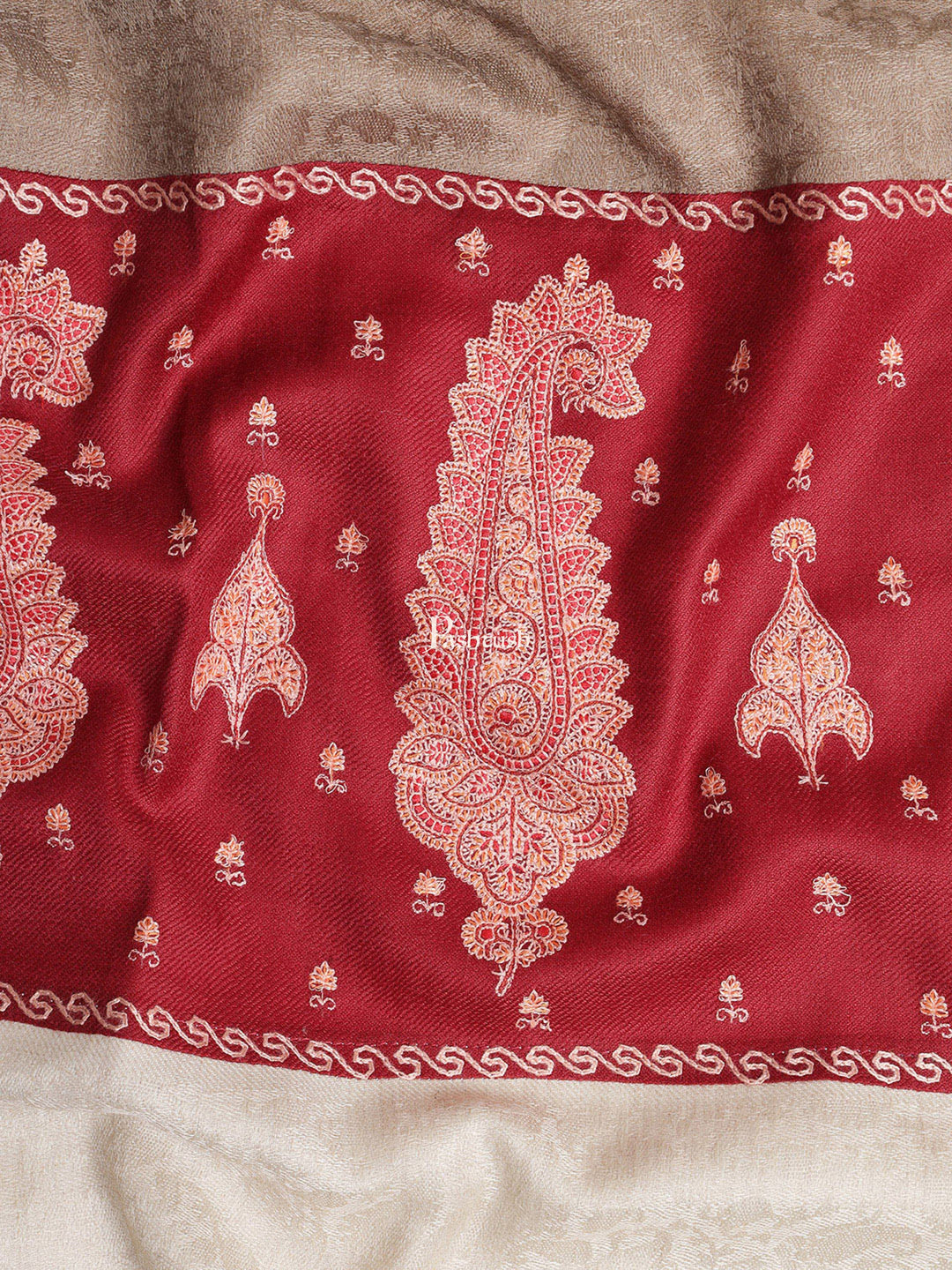 Pashtush India Womens Shawls Pashtush Womens Embroidery Shawl, Fine Wool, Paiseley Stitched Palla, Beige and Maroon