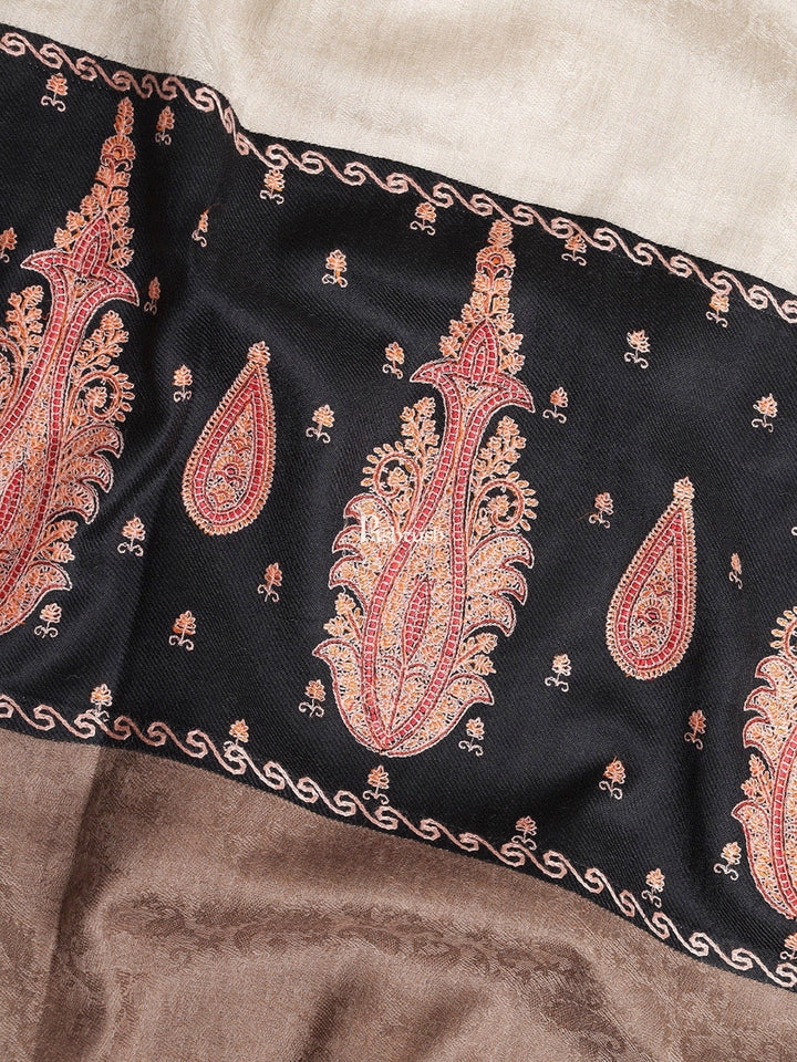 Pashtush India Womens Shawls Pashtush Womens Embroidery Shawl, Fine Wool, Paiseley Stitched Palla, Black