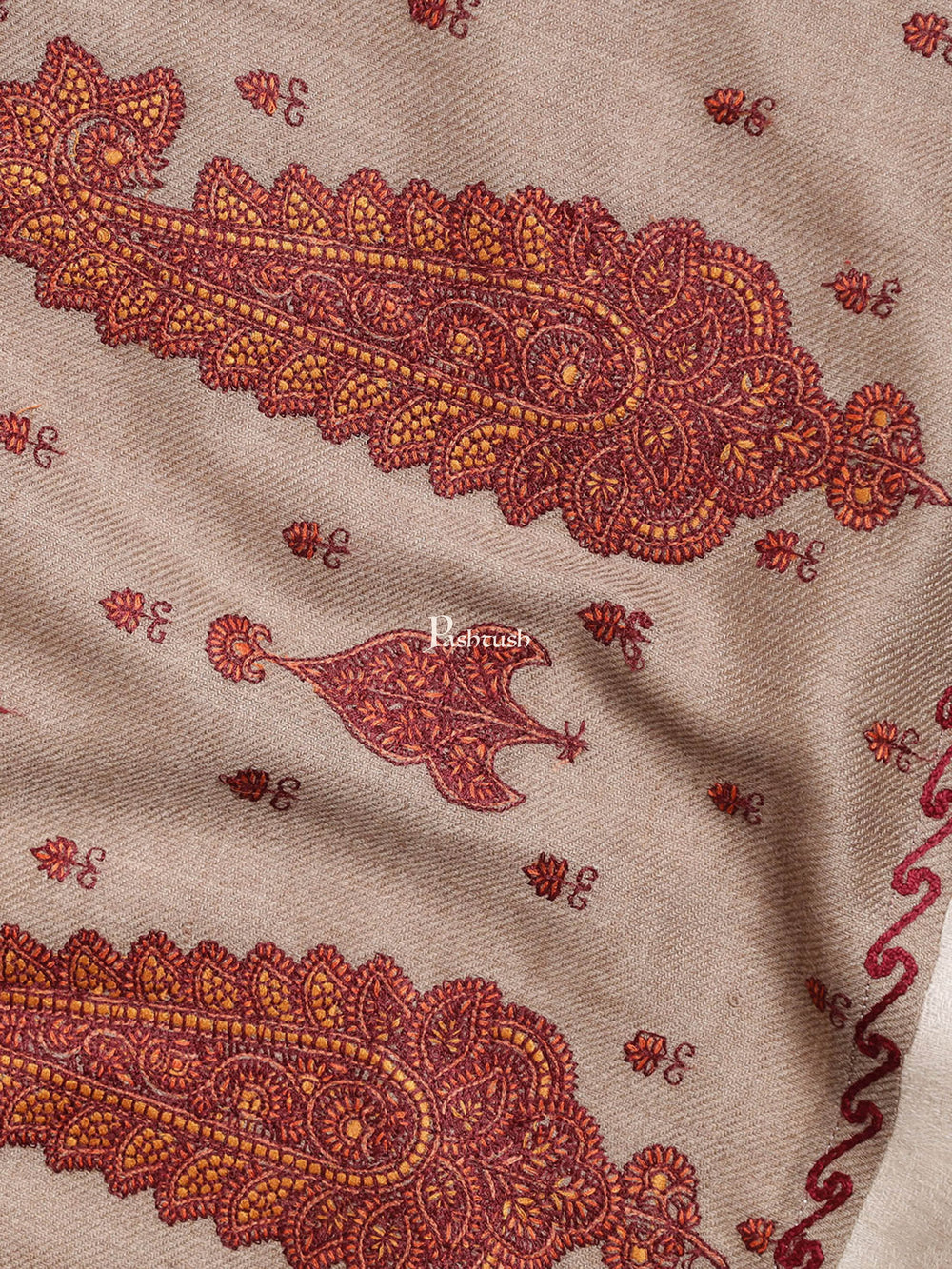 Pashtush India Womens Shawls Pashtush Womens Embroidery Shawl, Fine Wool, Paiseley Stitched Palla, Taupe
