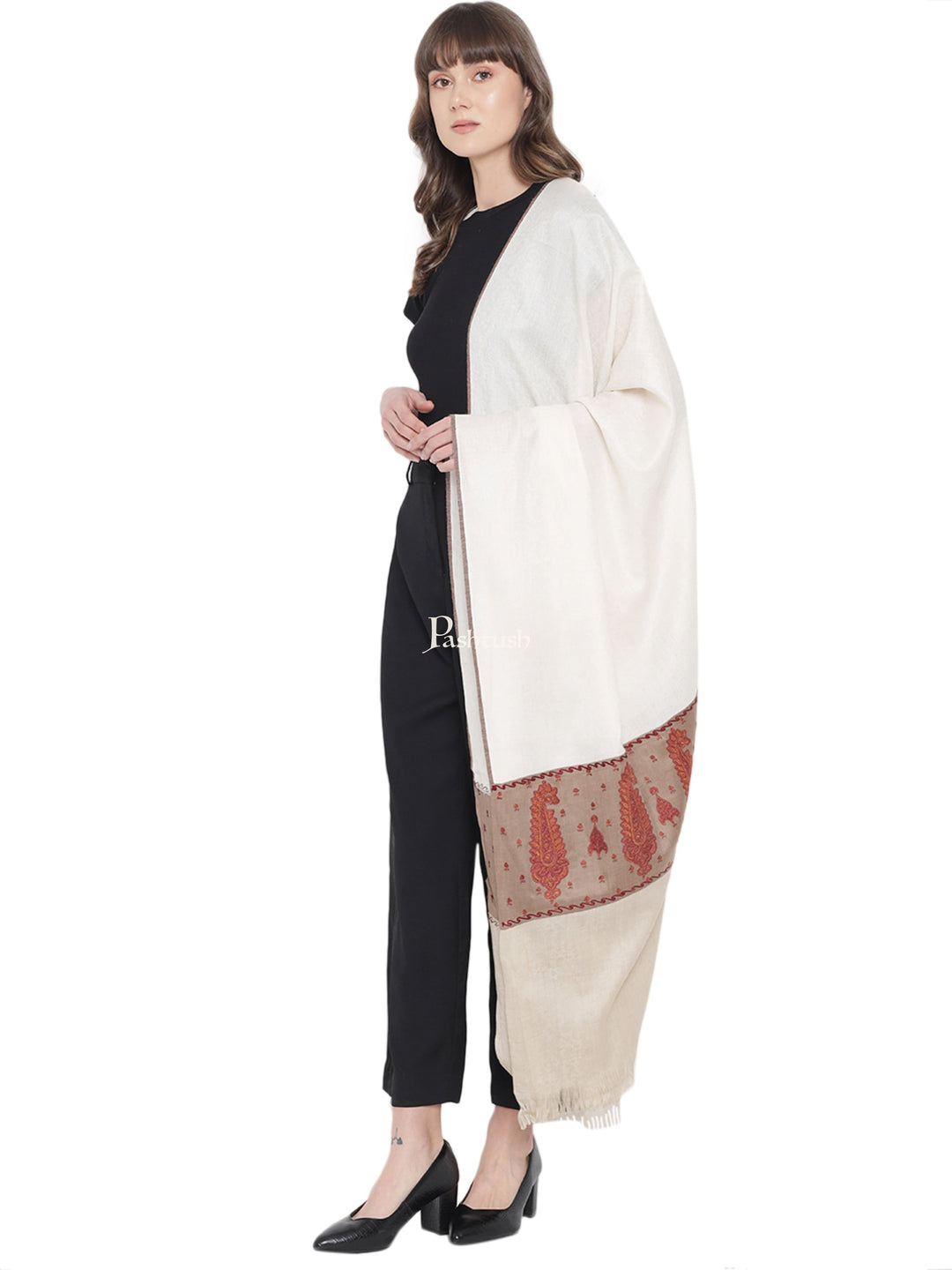 Pashtush India Womens Shawls Pashtush Womens Embroidery Shawl, Fine Wool Self Stitched Palla, Beige and Ivory