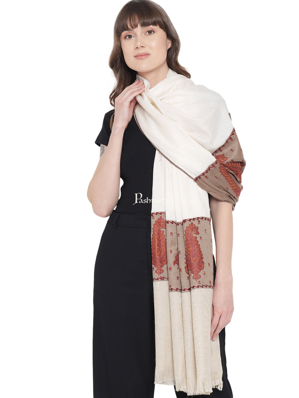 Pashtush India Womens Shawls Pashtush Womens Embroidery Shawl, Fine Wool Self Stitched Palla, Beige and Ivory