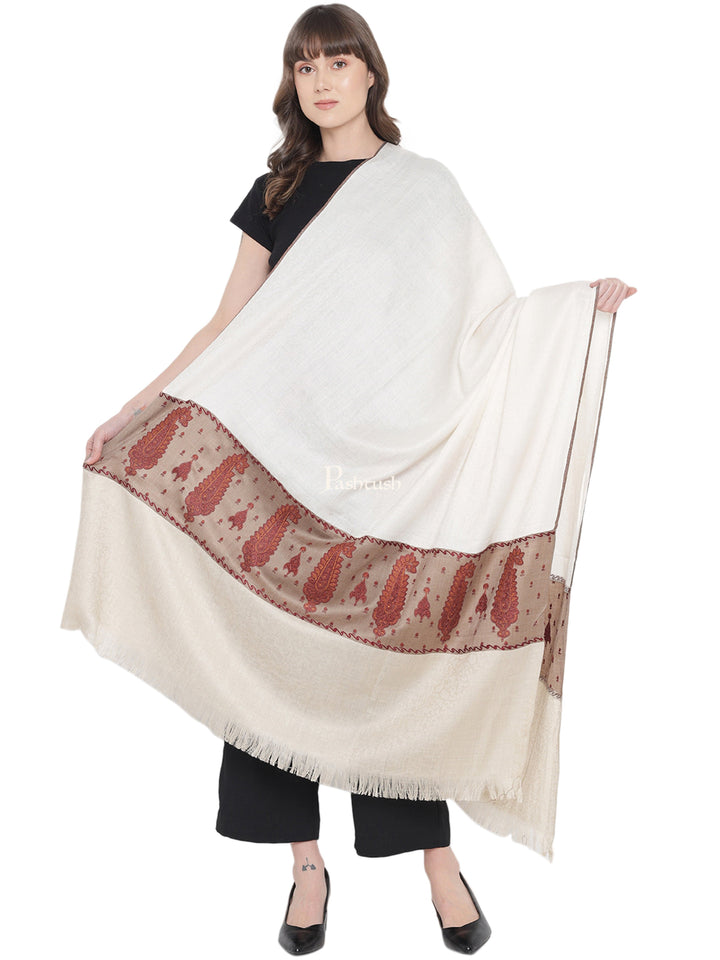 Pashtush India Womens Shawls Pashtush Womens Embroidery Shawl, Fine Wool Self Stitched Palla, Beige and Ivory