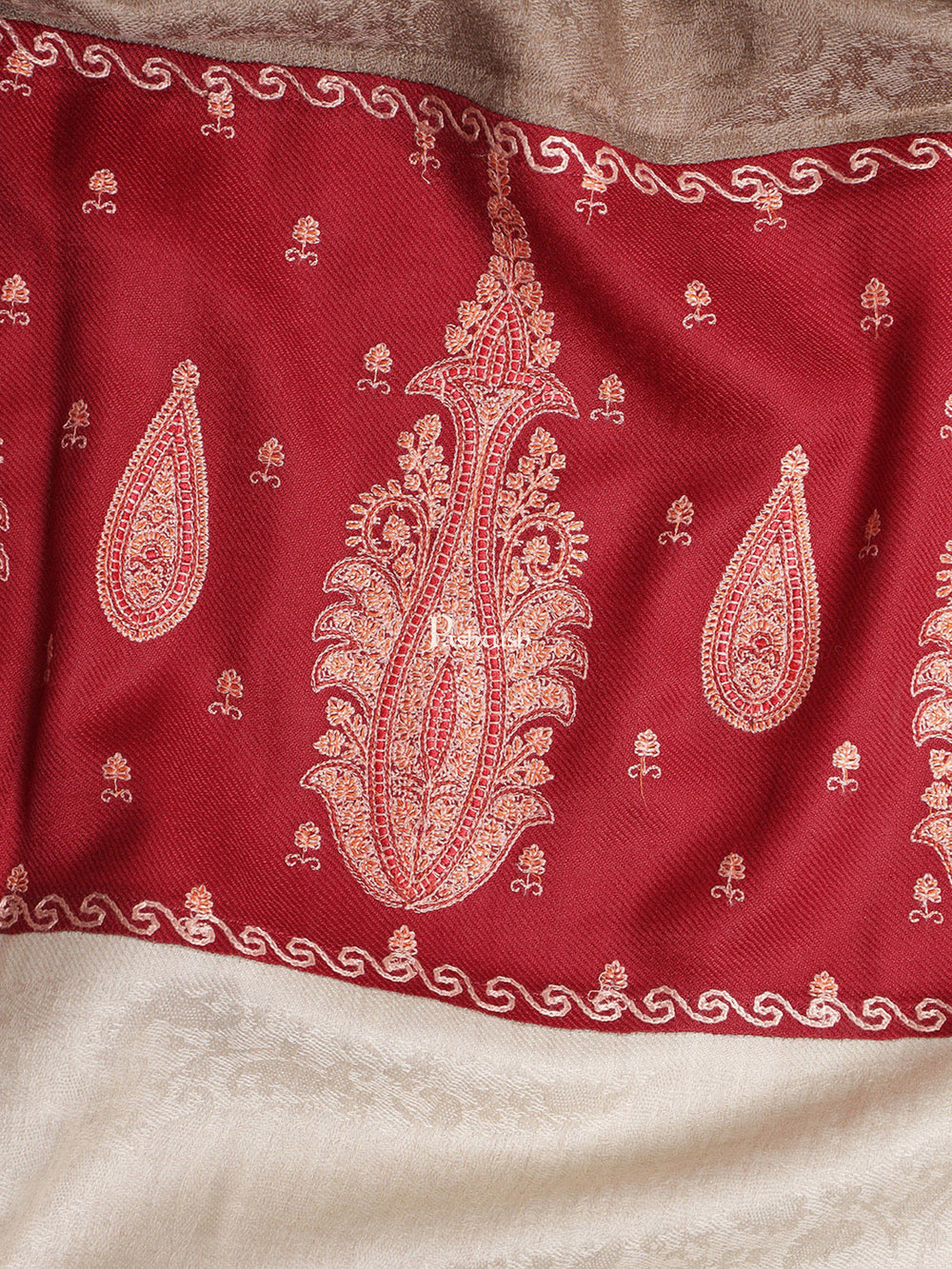 Pashtush India Womens Shawls Pashtush Womens Embroidery Shawl, Fine Wool Self Stitched Palla, Beige and Maroon