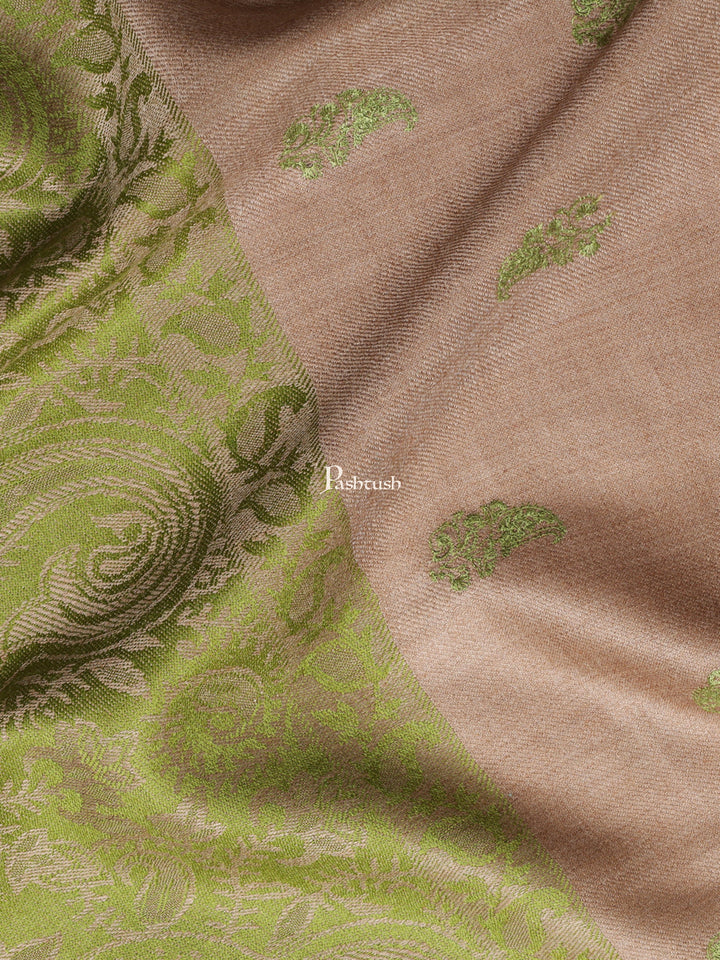 Pashtush India Womens Shawls Pashtush Womens Embroidery Shawl, Jaal Design, Fine Wool, Beige and Emerald Green