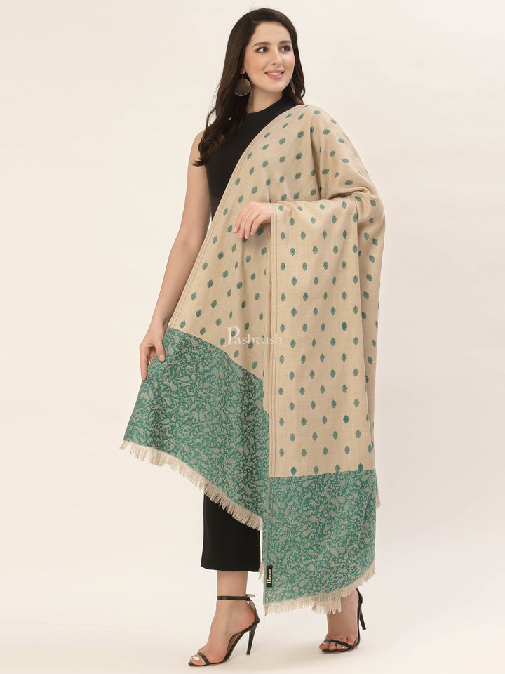 Pashtush India Womens Shawls Pashtush Womens Embroidery Shawl, Jacquard Palla, Fine Wool, Beige and Green