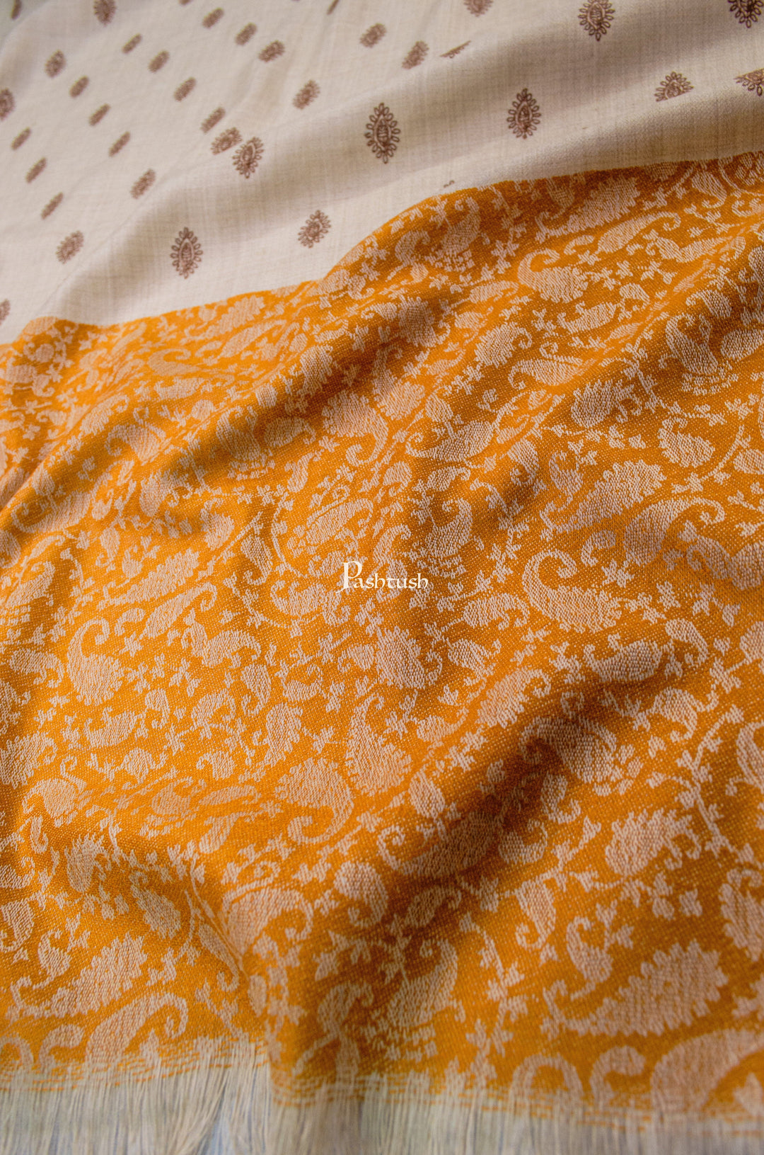 Pashtush India Womens Shawls Pashtush Womens Embroidery Shawl, Jacquard Palla, Fine Wool, Beige and Orange