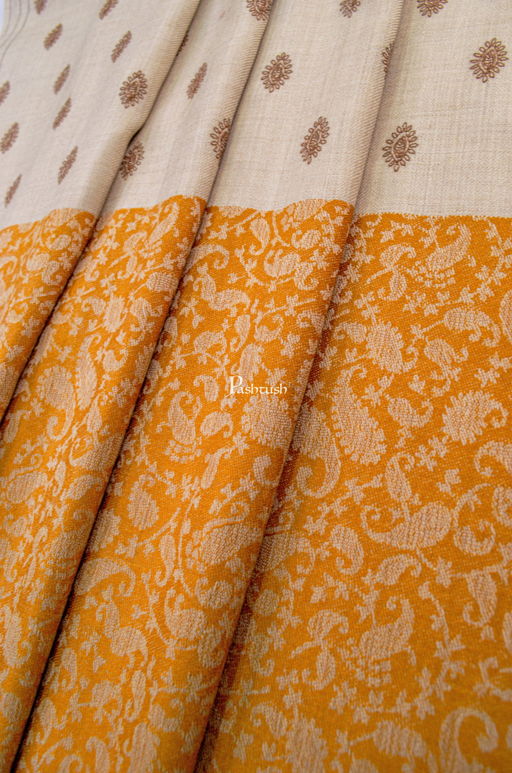 Pashtush India Womens Shawls Pashtush Womens Embroidery Shawl, Jacquard Palla, Fine Wool, Beige and Orange