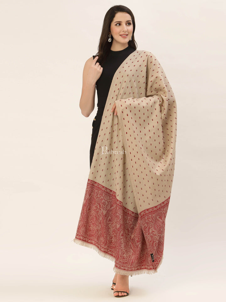 Pashtush India Womens Shawls Pashtush Womens Embroidery Shawl, Jacquard Palla, Fine Wool, Beige and Red