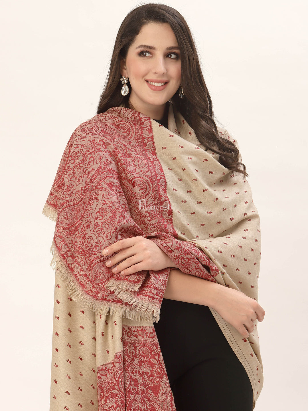 Pashtush India Womens Shawls Pashtush Womens Embroidery Shawl, Jacquard Palla, Fine Wool, Beige and Red