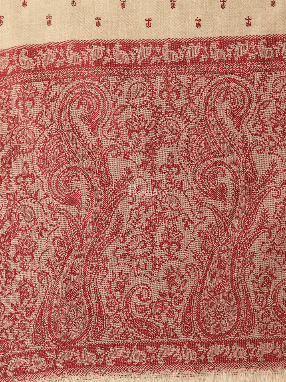 Pashtush India Womens Shawls Pashtush Womens Embroidery Shawl, Jacquard Palla, Fine Wool, Beige and Red