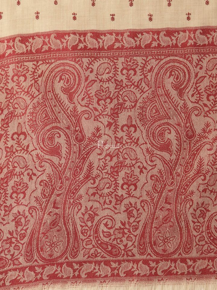 Pashtush India Womens Shawls Pashtush Womens Embroidery Shawl, Jacquard Palla, Fine Wool, Beige and Red